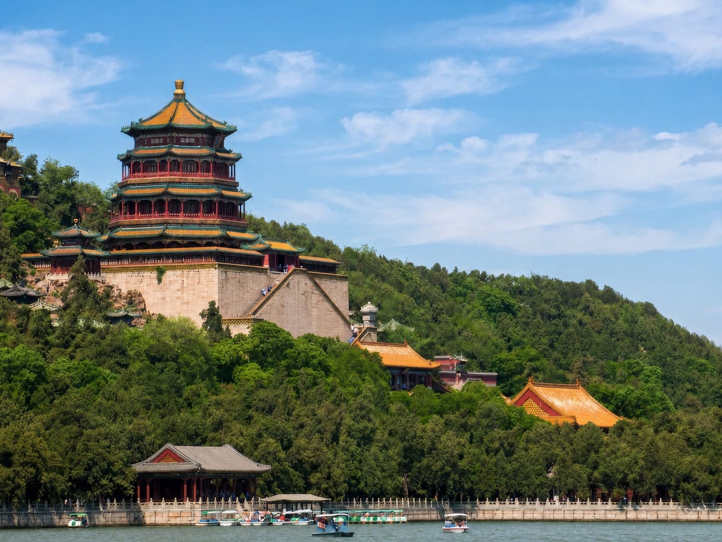 The Tower of Buddhist Incense rising above Longevity Hill across Kunming Lake, Summer Palace, Beijing