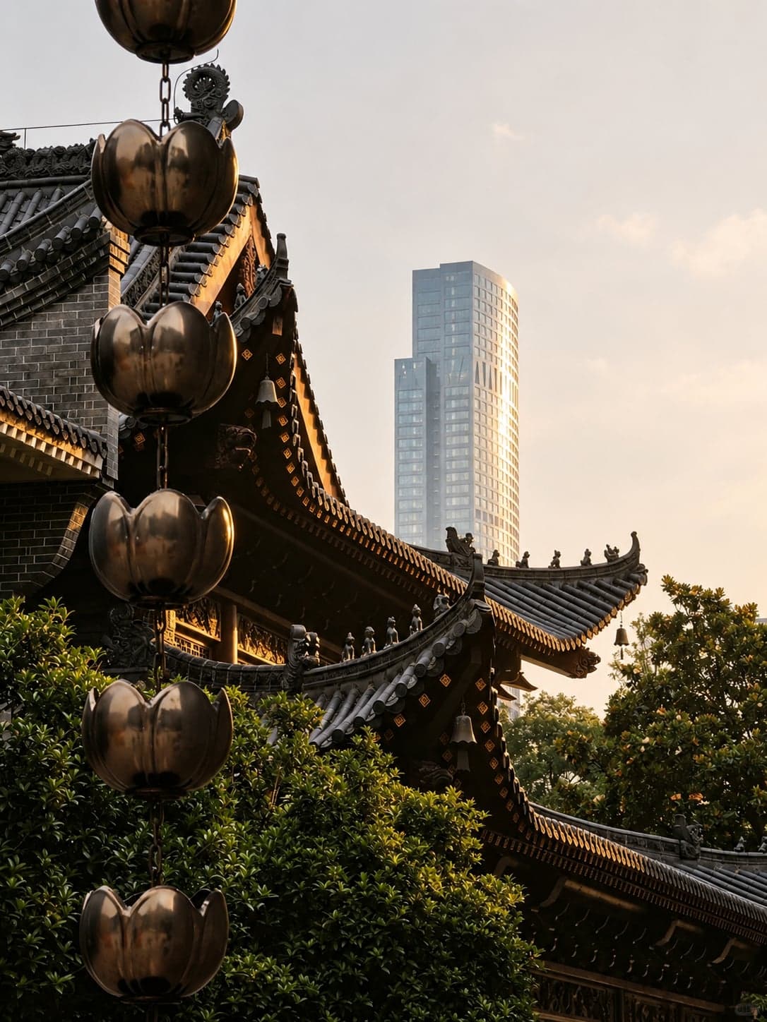 夕照中的开福寺，铜铃悬于飞檐之侧，远处新城楼影映衬这座五代古刹