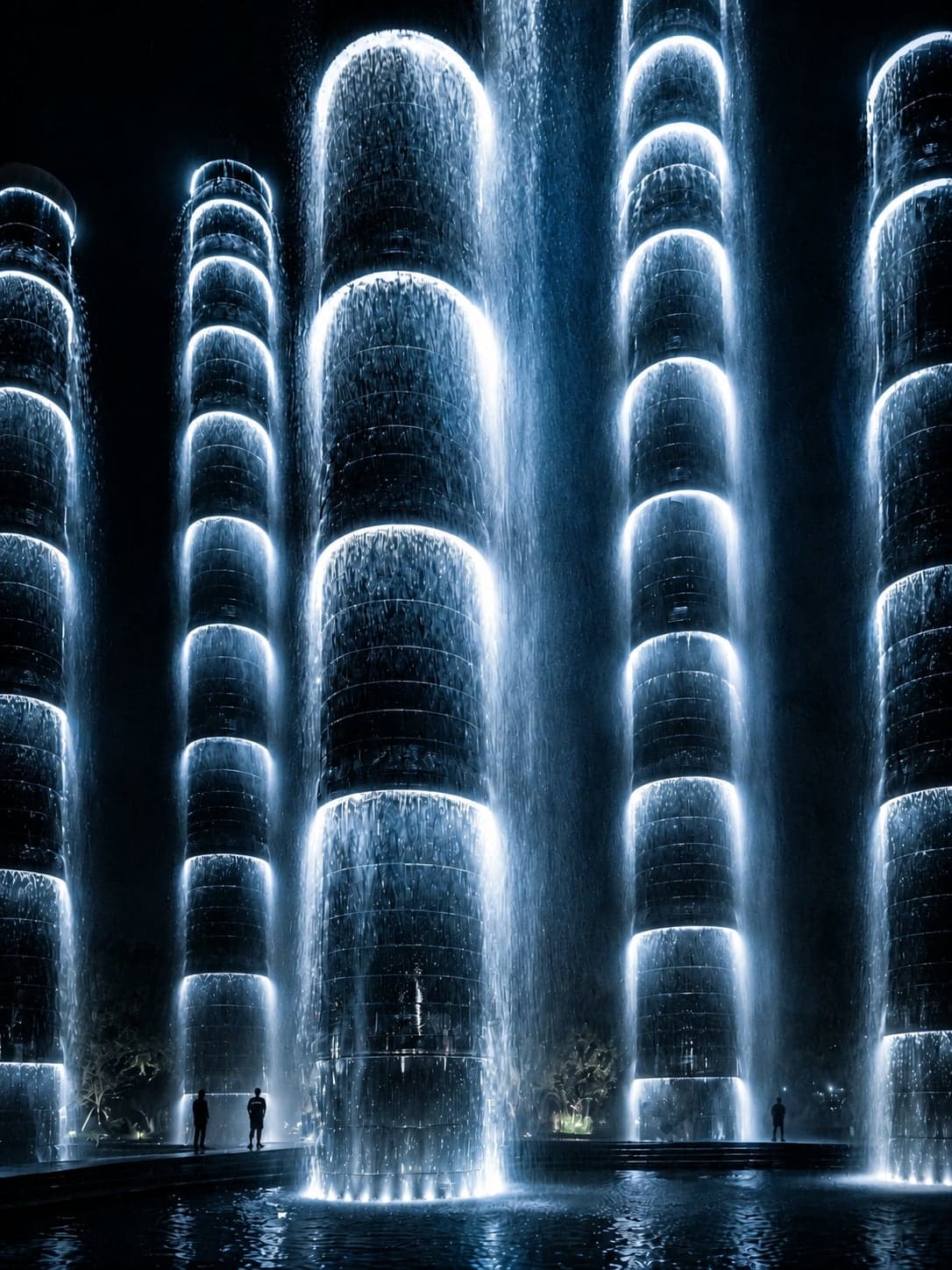 Six 39-metre bamboo-shaped fountain towers rising from the sunken plaza of Chengdu SKP, lit against the night sky