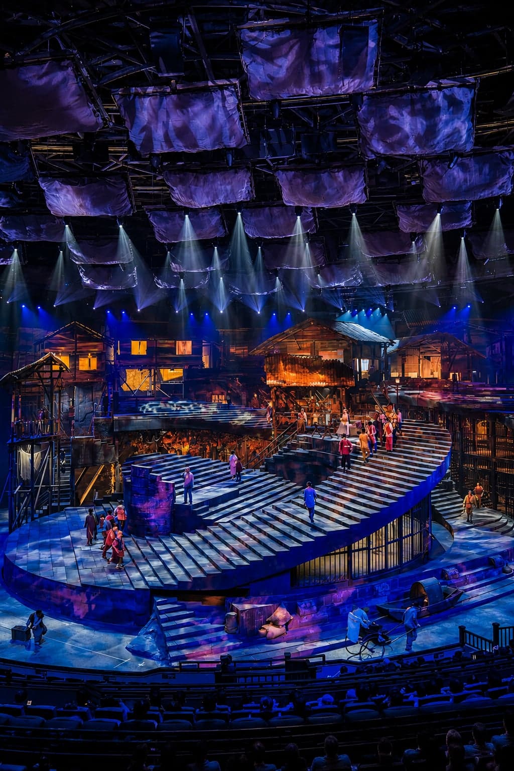 The rotating audience platform at the Chongqing 1949 immersive theatre, a Republican-era Chongqing street scene staged around it