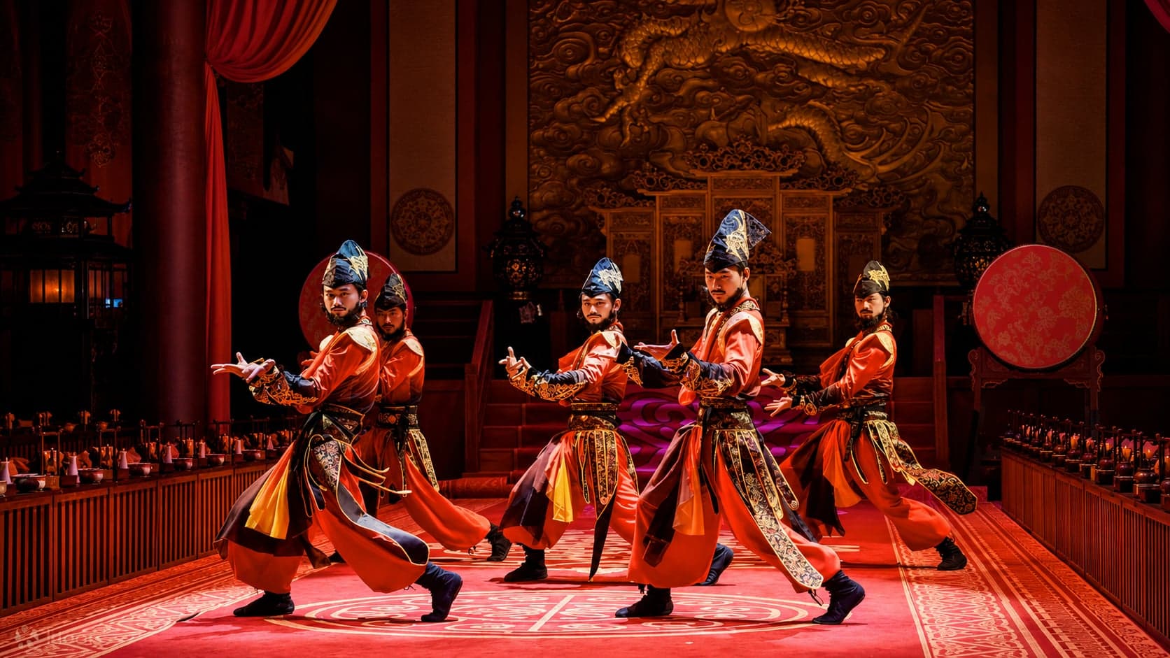 A period banquet courtyard at Qingyu Yan in Chongqing, a costumed live performance staged between the courses