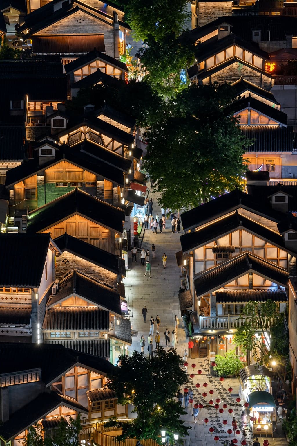 Shibati's rebuilt stone stair-street in Chongqing, Bayu-style stilted timber buildings either side