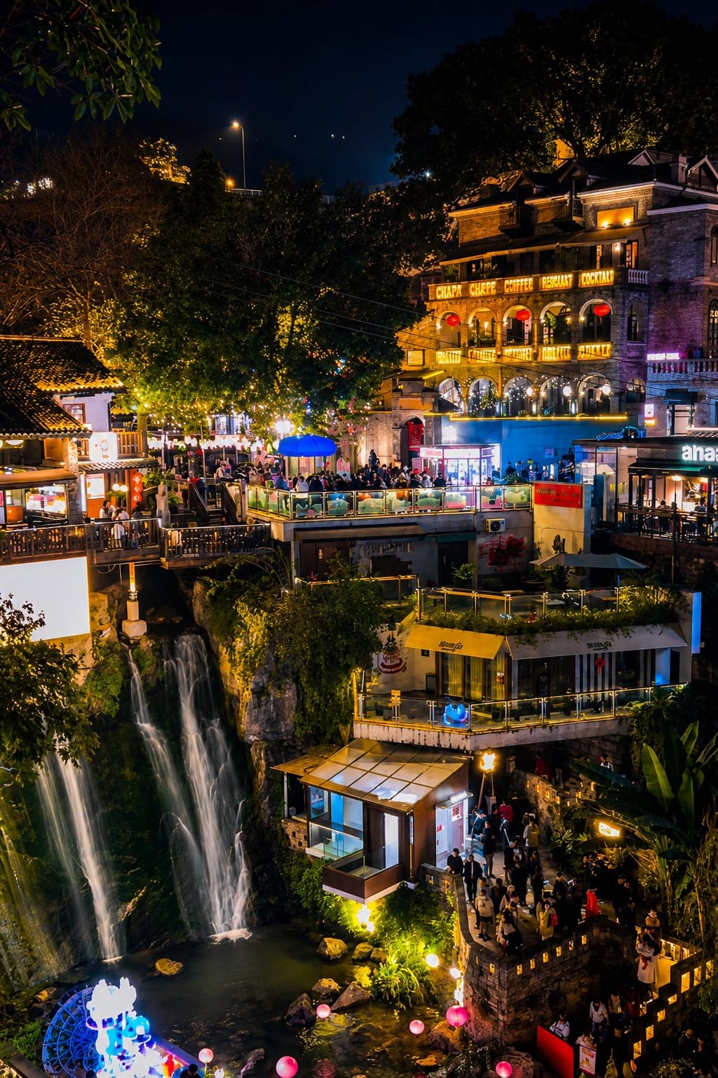 Xiahaoli's restored Bayu-style stilt houses on the south bank of the Yangtze in Chongqing, the upper-city skyline rising across the river