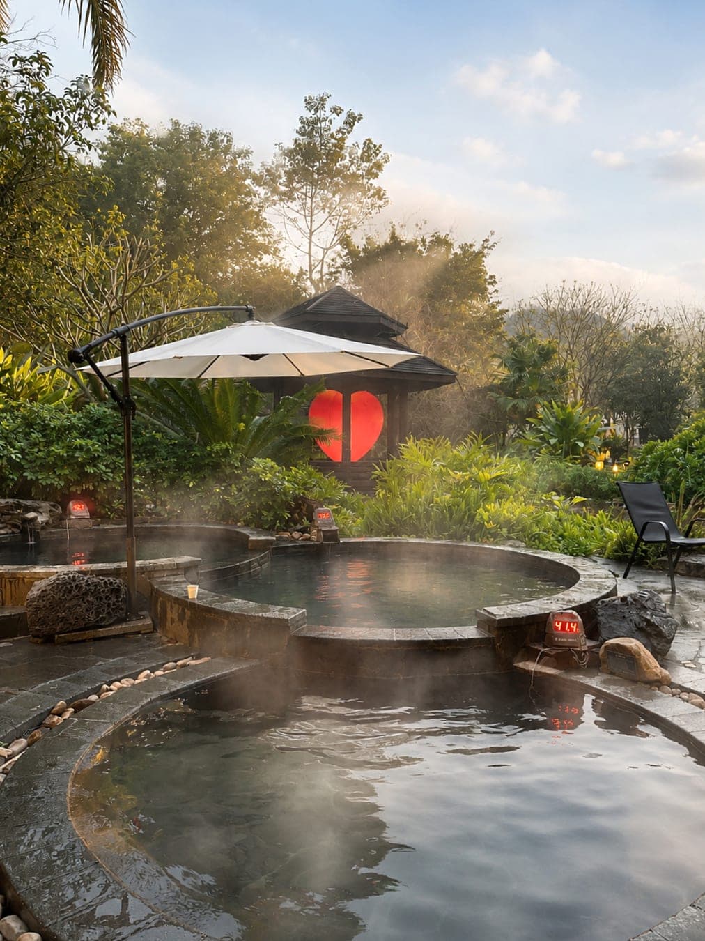 A steaming open-air pool at Gui'an Hot Springs at golden hour, a wooden pavilion and tropical greenery behind, north of Fuzhou