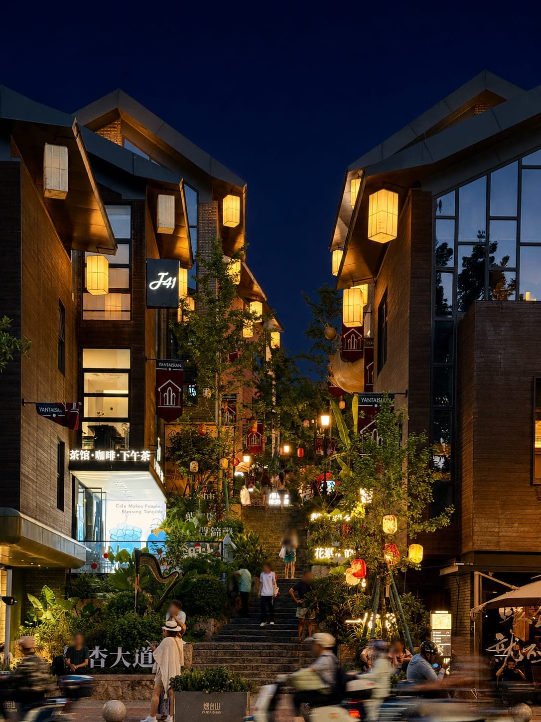 Restored treaty-port buildings on a stepped lane at Yantai Hill in the evening, Cangshan district, Fuzhou