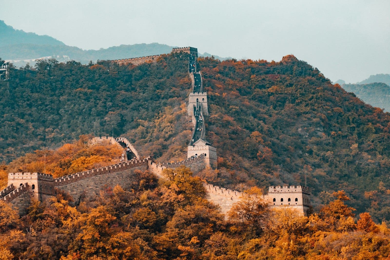 The Great Wall of China at Jinshanling, mist rising from the valleys