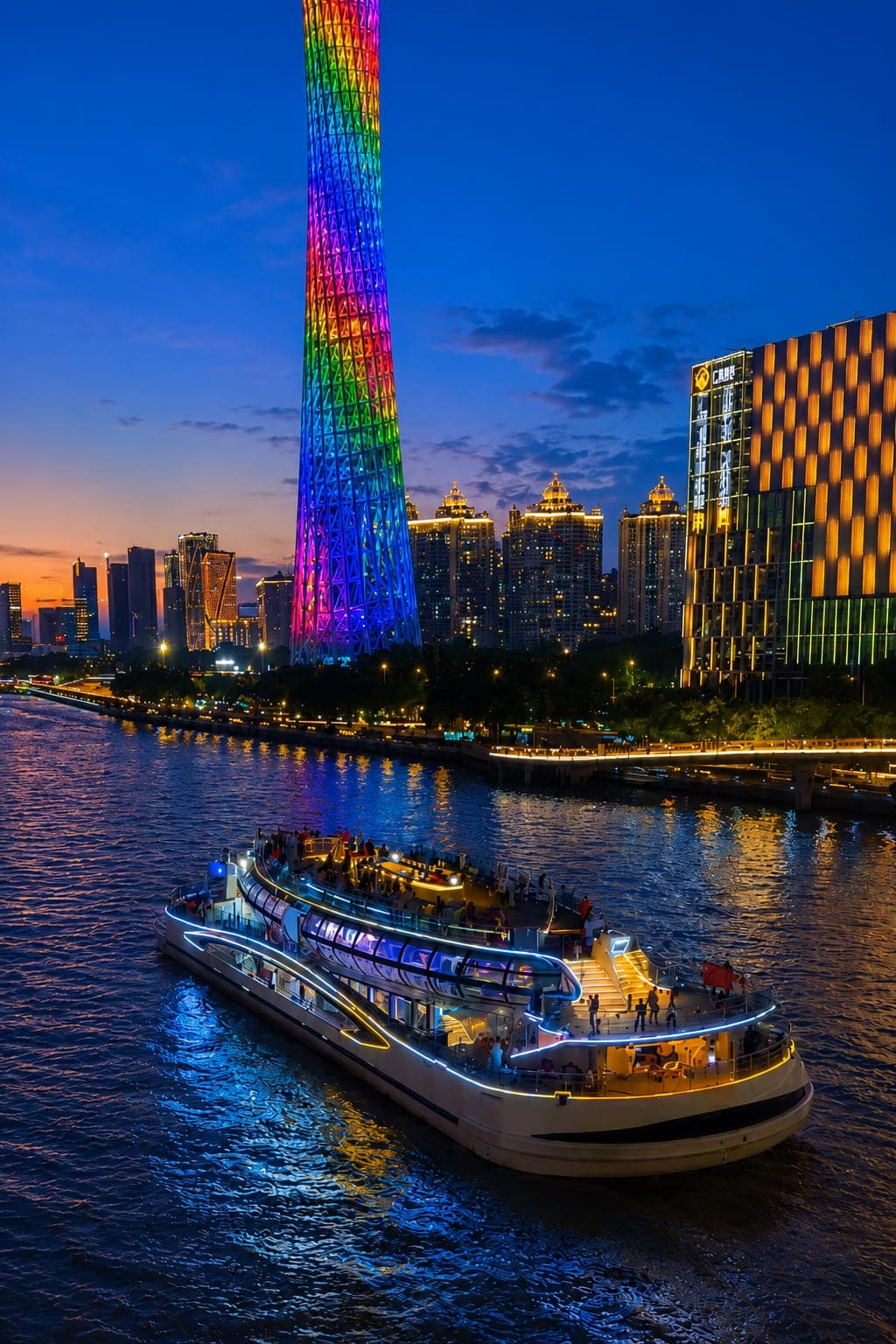 A neon-lit Pearl River sightseeing boat at night, Guangzhou