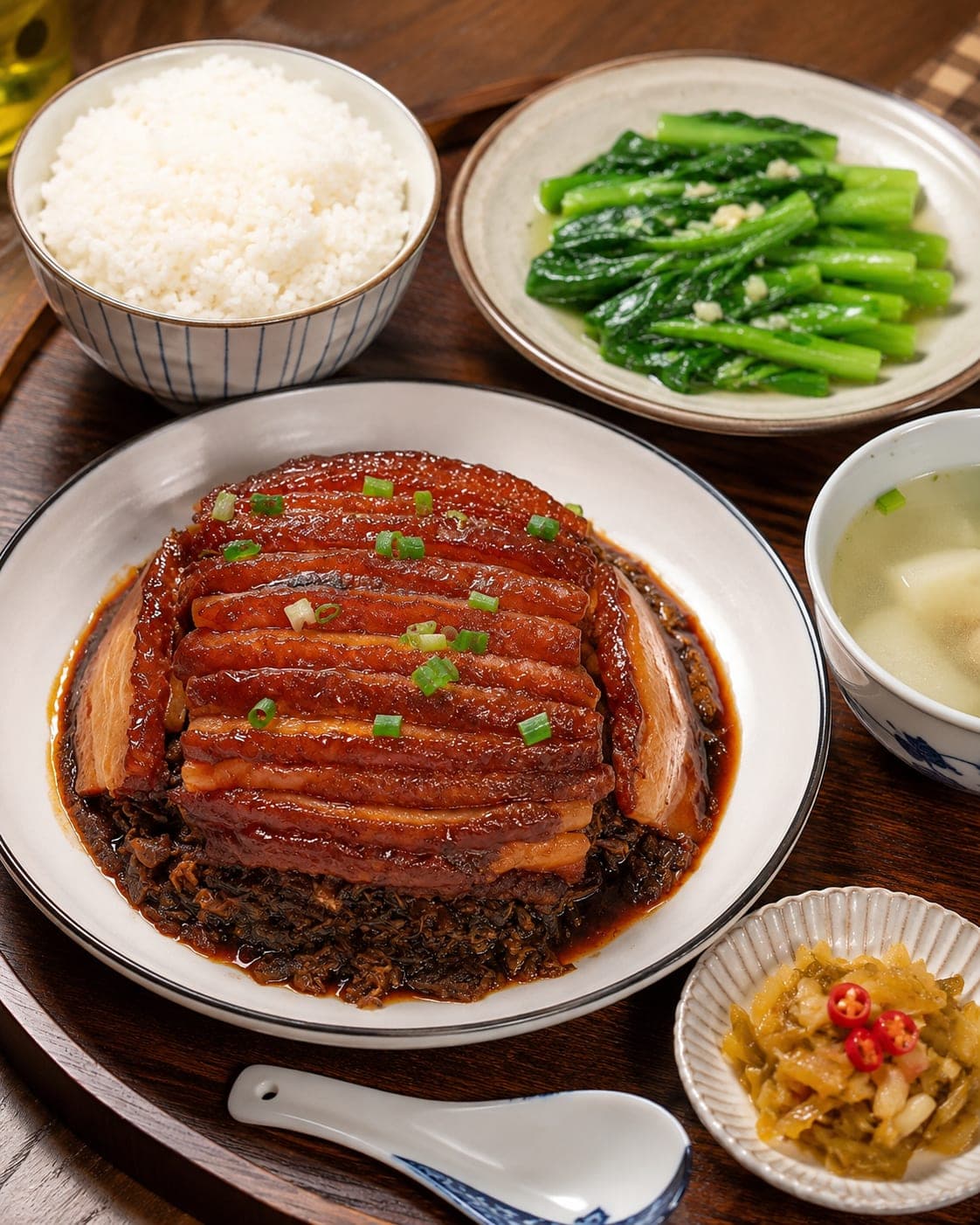 A layered braised pork belly dish glazed in dark soy sauce, served Guilin banquet style with rice, blanched greens, soup and pickles around the plate