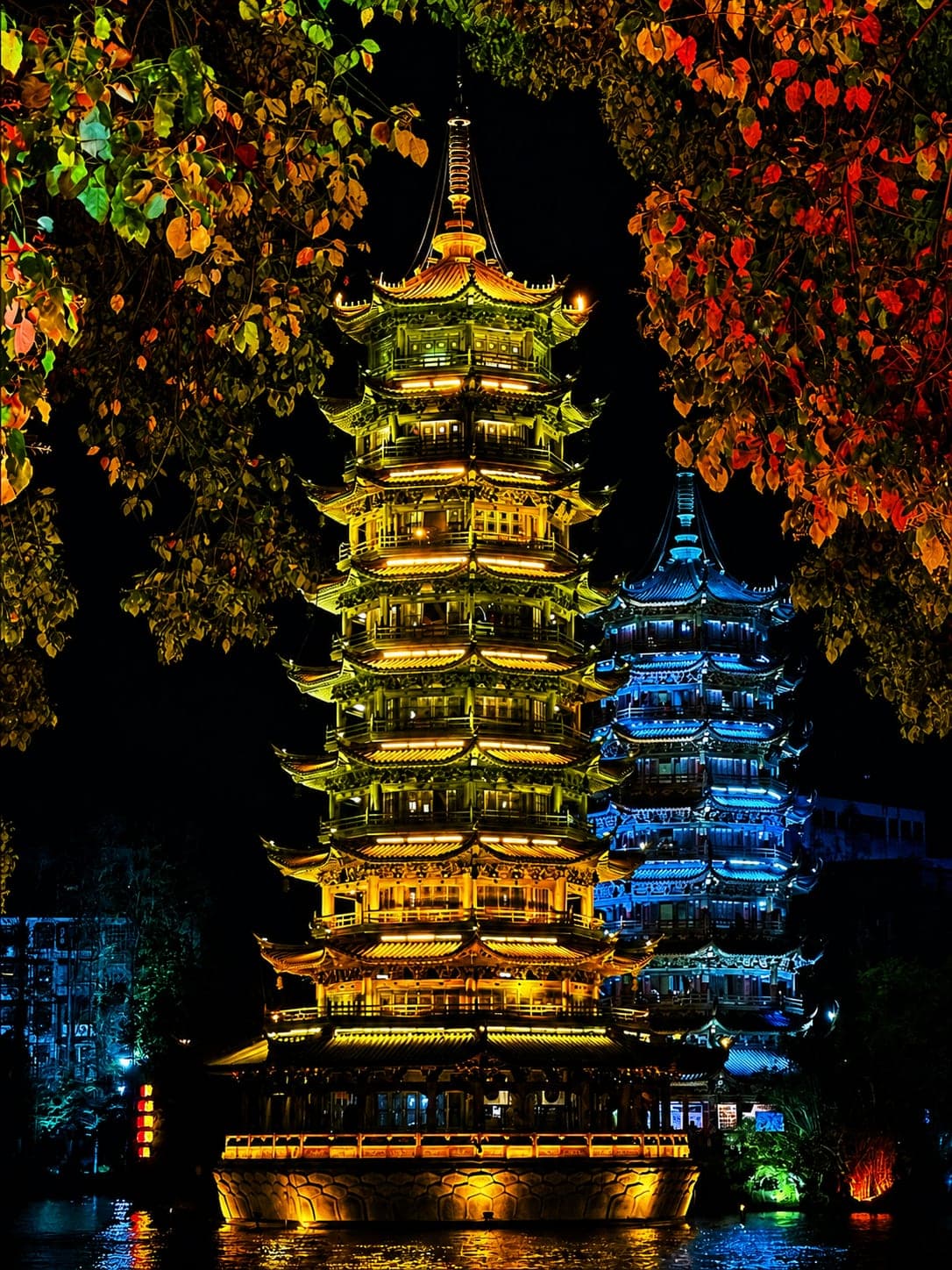 The gold-illuminated Sun Pagoda and silver-illuminated Moon Pagoda reflected in Shanhu Lake at night in central Guilin