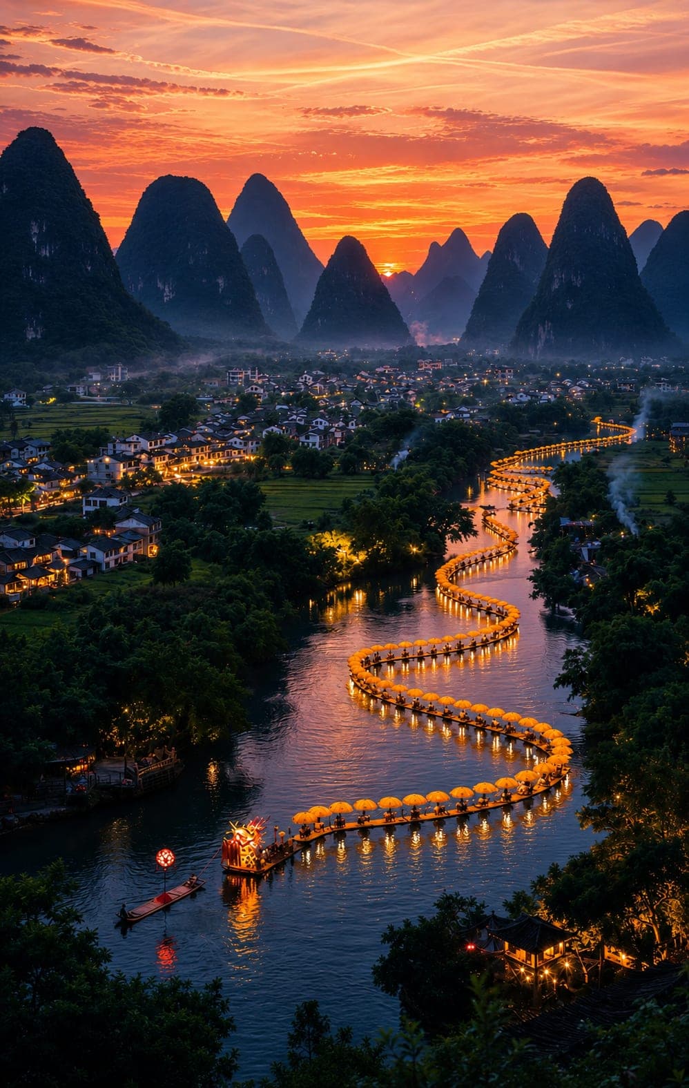 A bamboo raft drifting under the single stone arch of Fuli Bridge on the Yulong River, with karst peaks behind