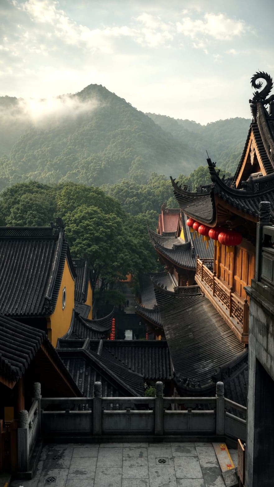 Red ribbons tied along the courtyard rails at Faxi Temple, prayer tags from young pilgrims, Upper Tianzhu, Hangzhou