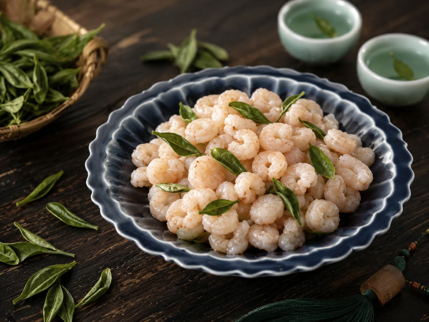 A plate of Longjing shrimp at a Hangzhou restaurant, small white river shrimp tinted pale green by first-flush tea leaves