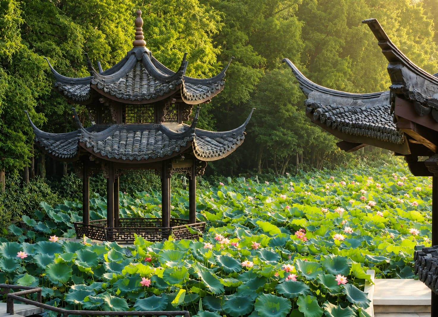 Red and white lotus blooms across the Quyuan Fenghe ponds at West Lake's northwest corner, wooden walkway over the water, Hangzhou
