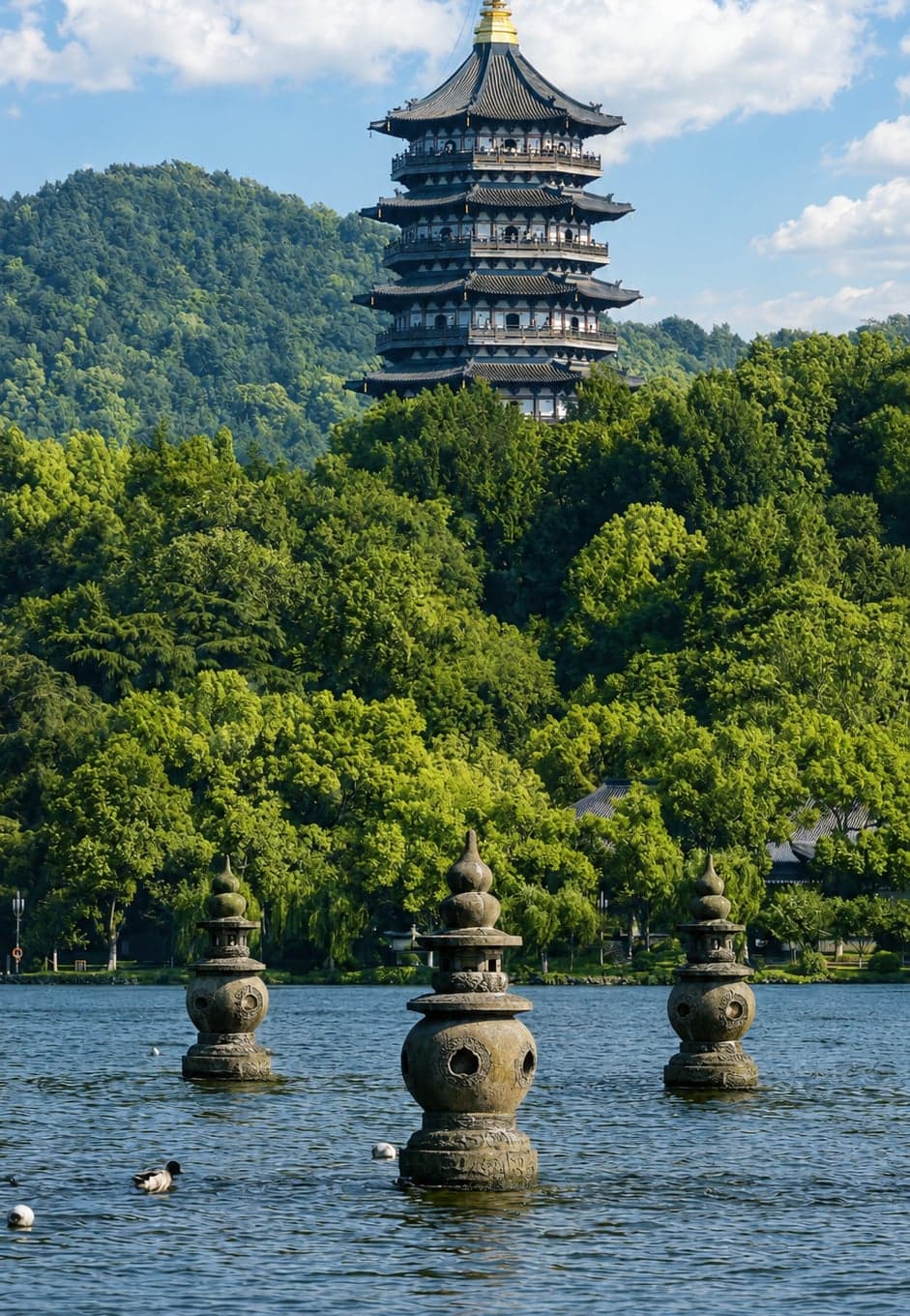 The three stone pagodas of Three Pools Mirroring the Moon standing in West Lake's Outer Lake, the view on the back of the 1-yuan note