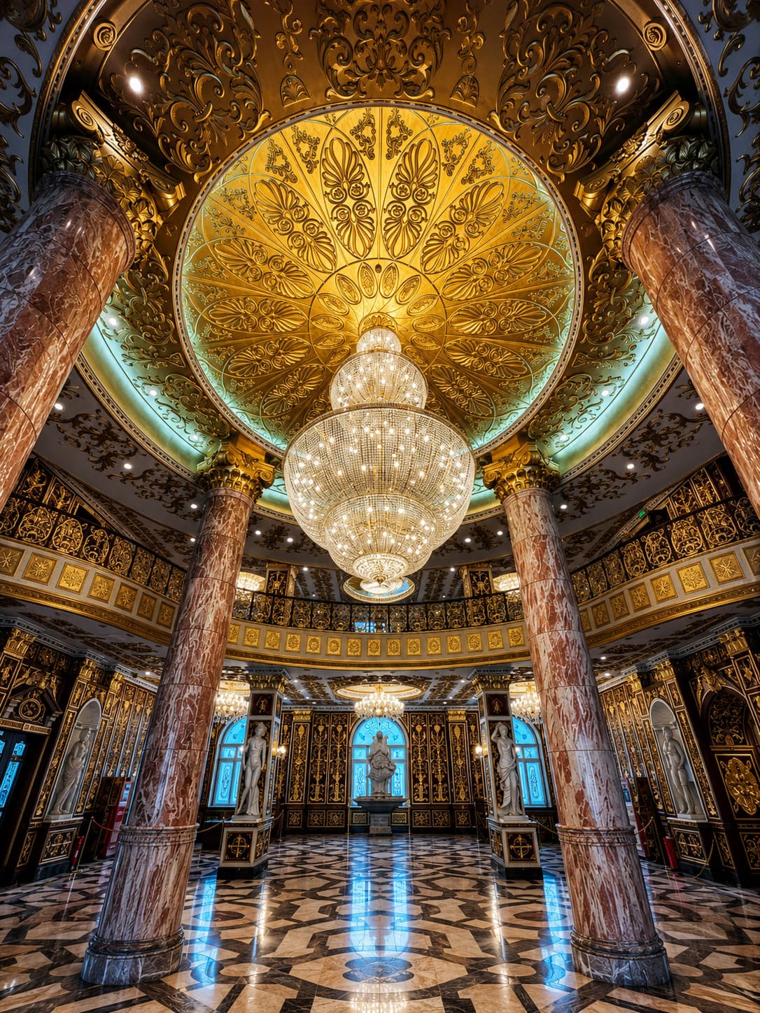 The Harbin Pharmaceutical Sixth Factory office building lit at night, the ornate gilded exterior modelled on Versailles, with crowds gathered on the plaza below