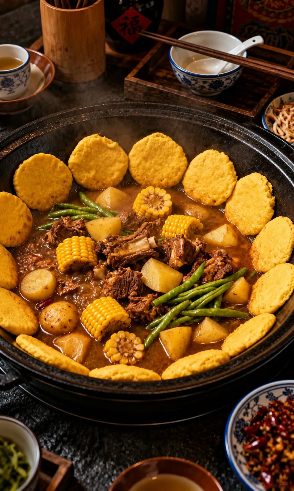 A Northeast iron-pot stew on a wood-fired cauldron, the slow-stewed meat and vegetables ringed by cornmeal flatbreads baked against the rim