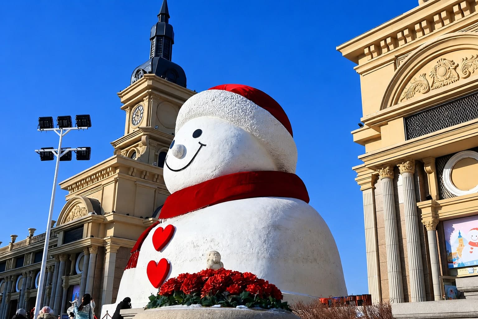 A snow figure in the Harbin Music Park along the north bank of the Songhua, the riverside path quiet behind it