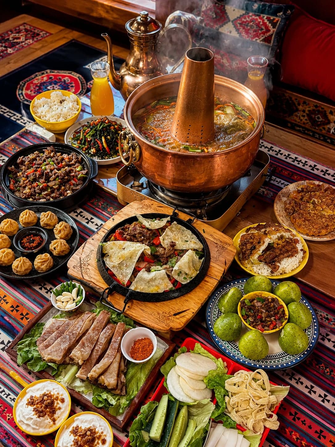 A clear-broth yak hot pot at a Tibetan family kitchen near Jiuzhaigou, with shoulder cuts and highland-barley flatbread alongside