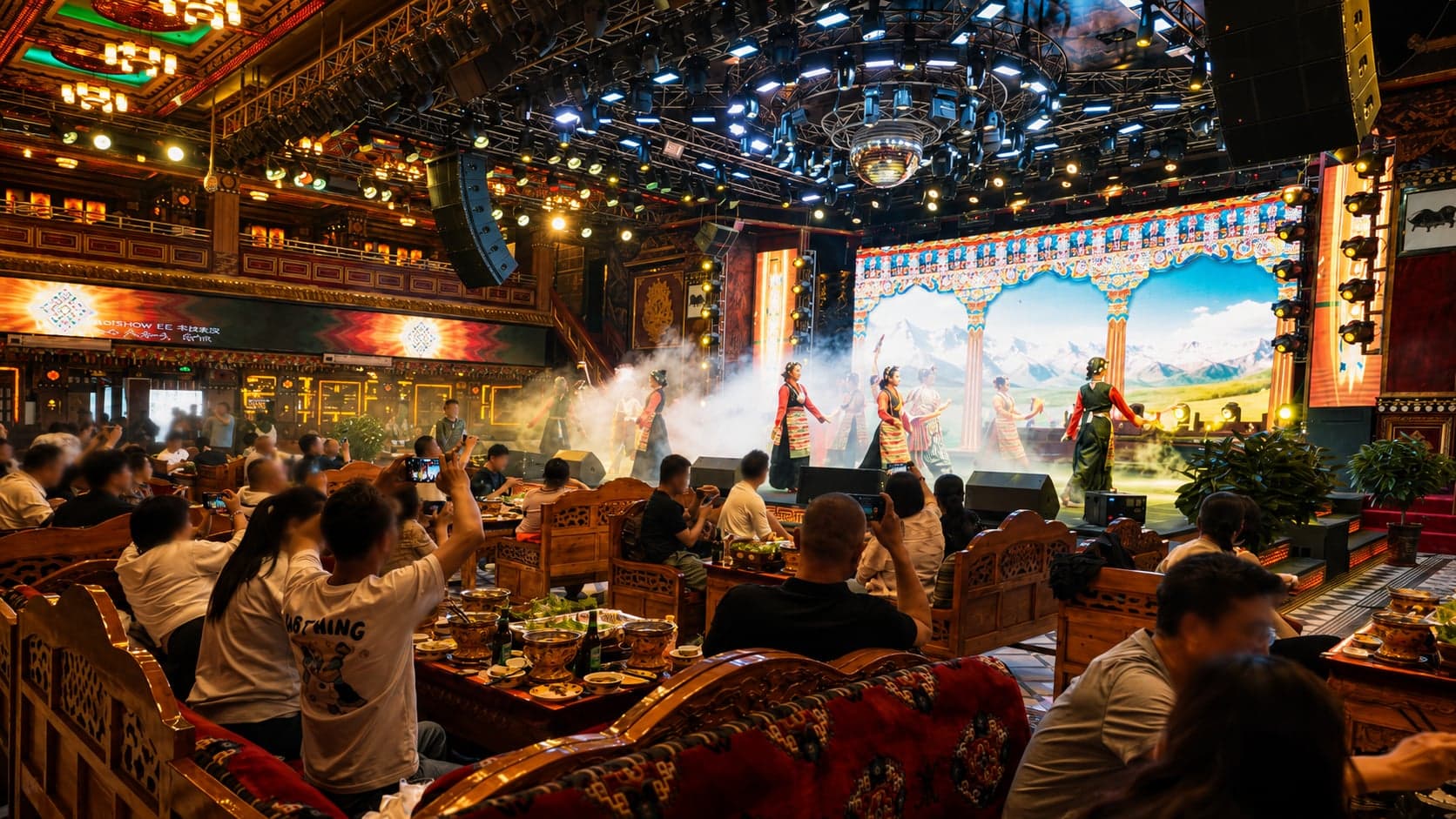 A Khampa-robed singer crossing the dining floor at the Shambhala Praise Golden Horse Banquet, Lhasa