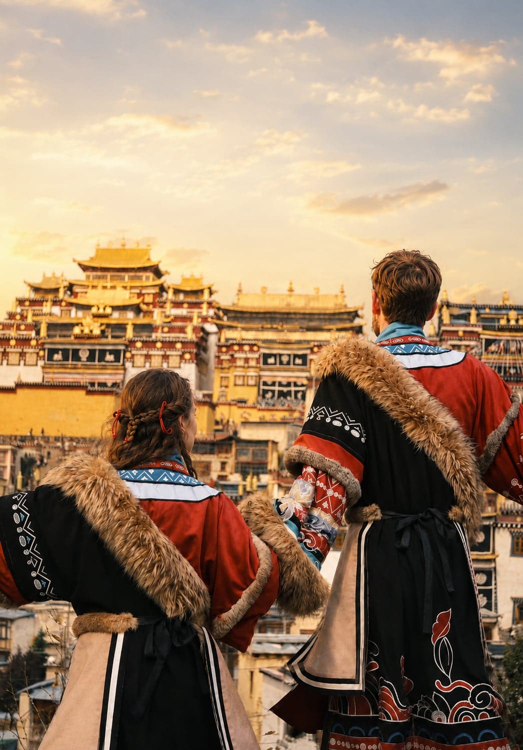 A traveller in full Tibetan dress with turquoise and coral headpieces at the Chakpori viewpoint, the Potala behind