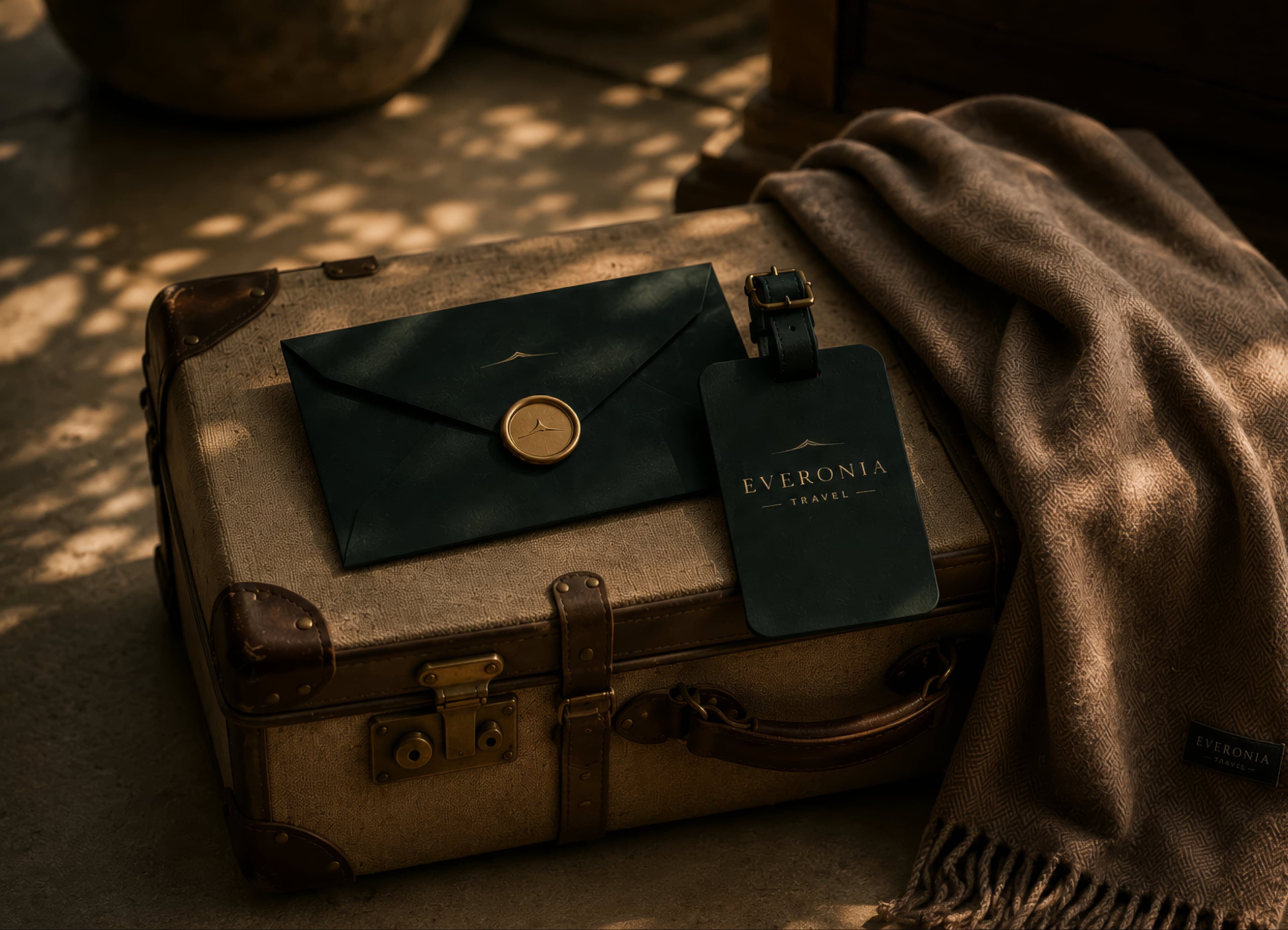 A traveller's suitcase packed and ready beside the departure door