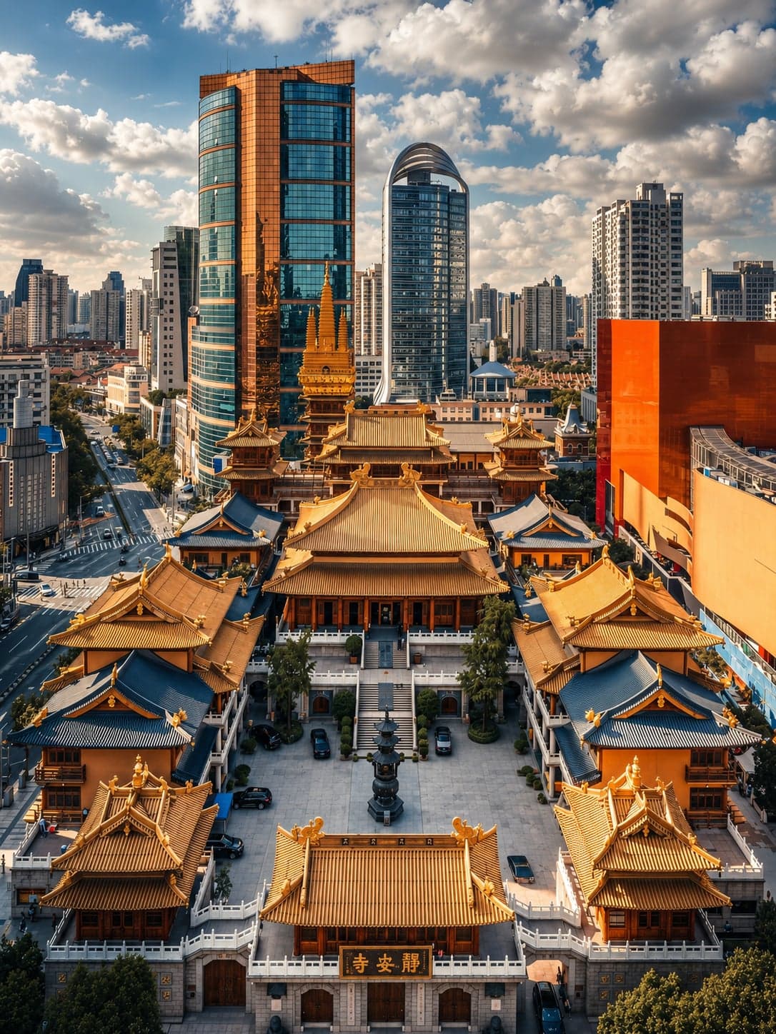 Aerial view of Jing'an Temple's gold-tiled rooflines and courtyard pagoda on Nanjing West Road, with the glass office towers of the shopping district rising directly behind