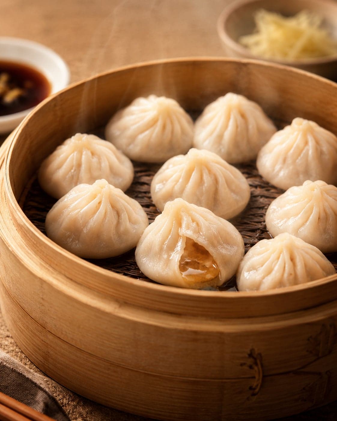 Ten pleated xiaolongbao in a bamboo steamer, one bitten open at the front to reveal the amber broth inside, dipping bowls of Zhenjiang vinegar and shredded ginger alongside