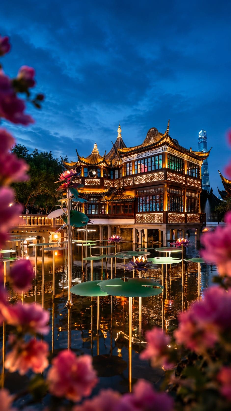 Dramatic Ming-dynasty upturned eaves at night in Yu Garden's old-town enclosure, layered tier over tier and warmly lit against a deep blue sky