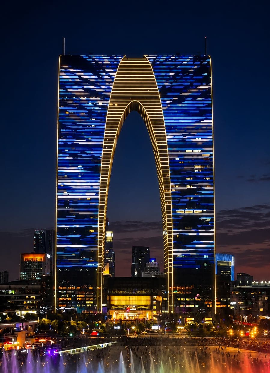 The 301-metre Gate of the Orient on the western bank of Jinji Lake, its twin towers meeting to form an arch over the city