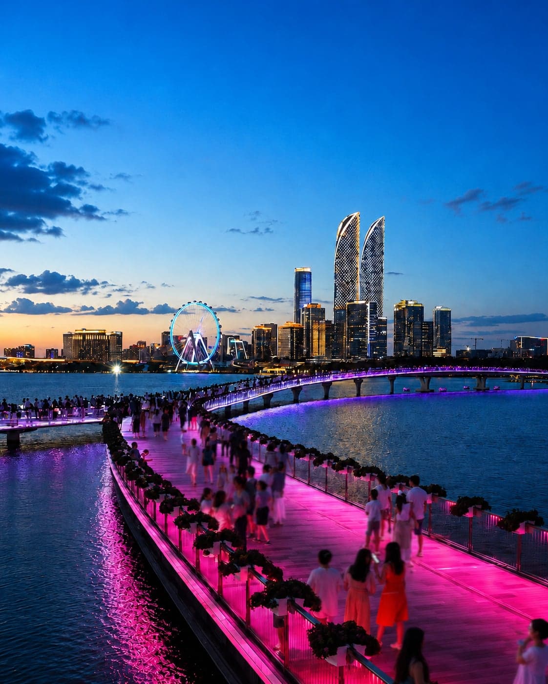 Jinji Lake at dusk, the Gate of the Orient lit on the western bank with the Suzhou Center mall across the water