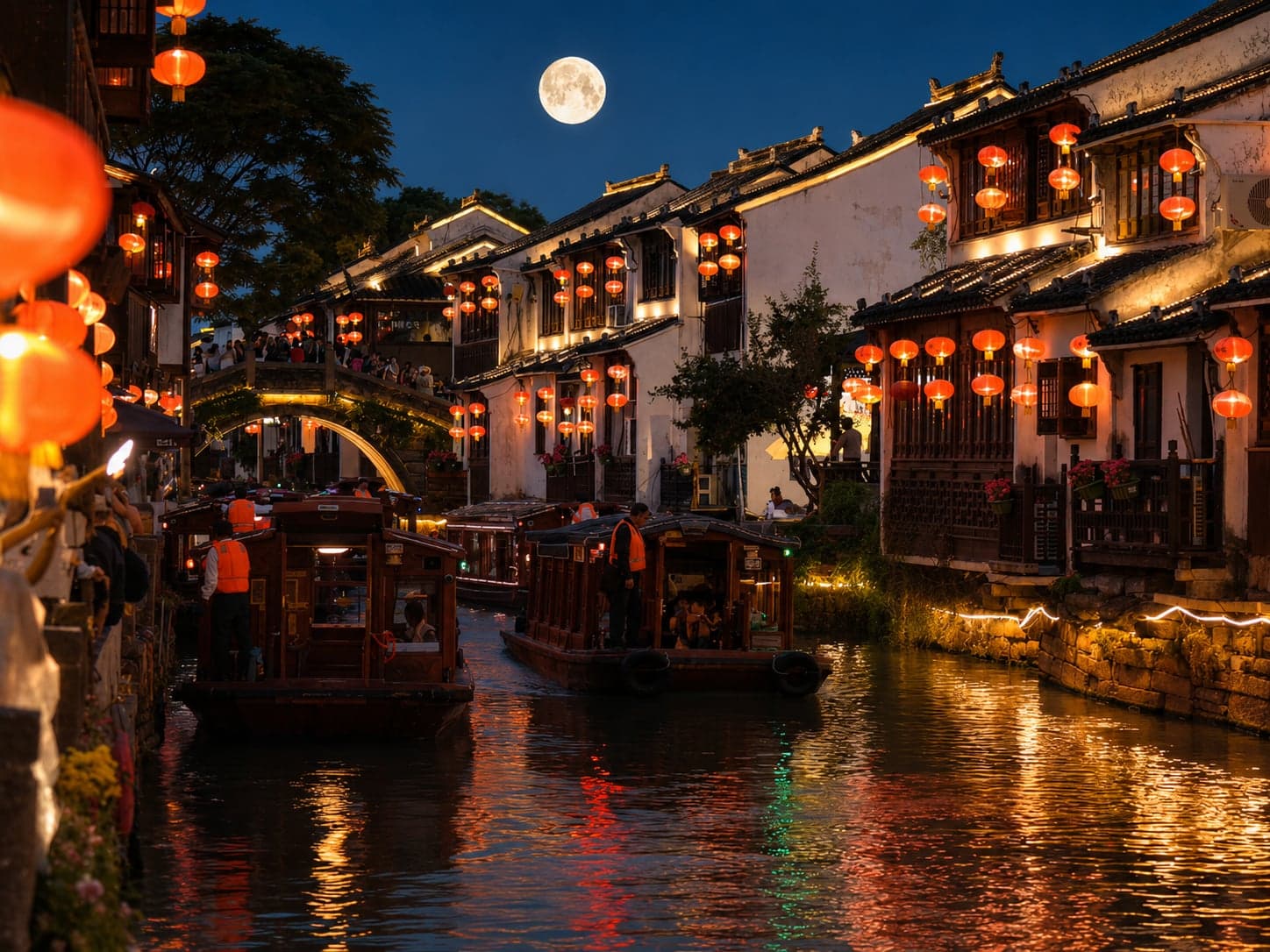 Shantang Street at night, red lanterns lining both banks of the canal reflecting in the water