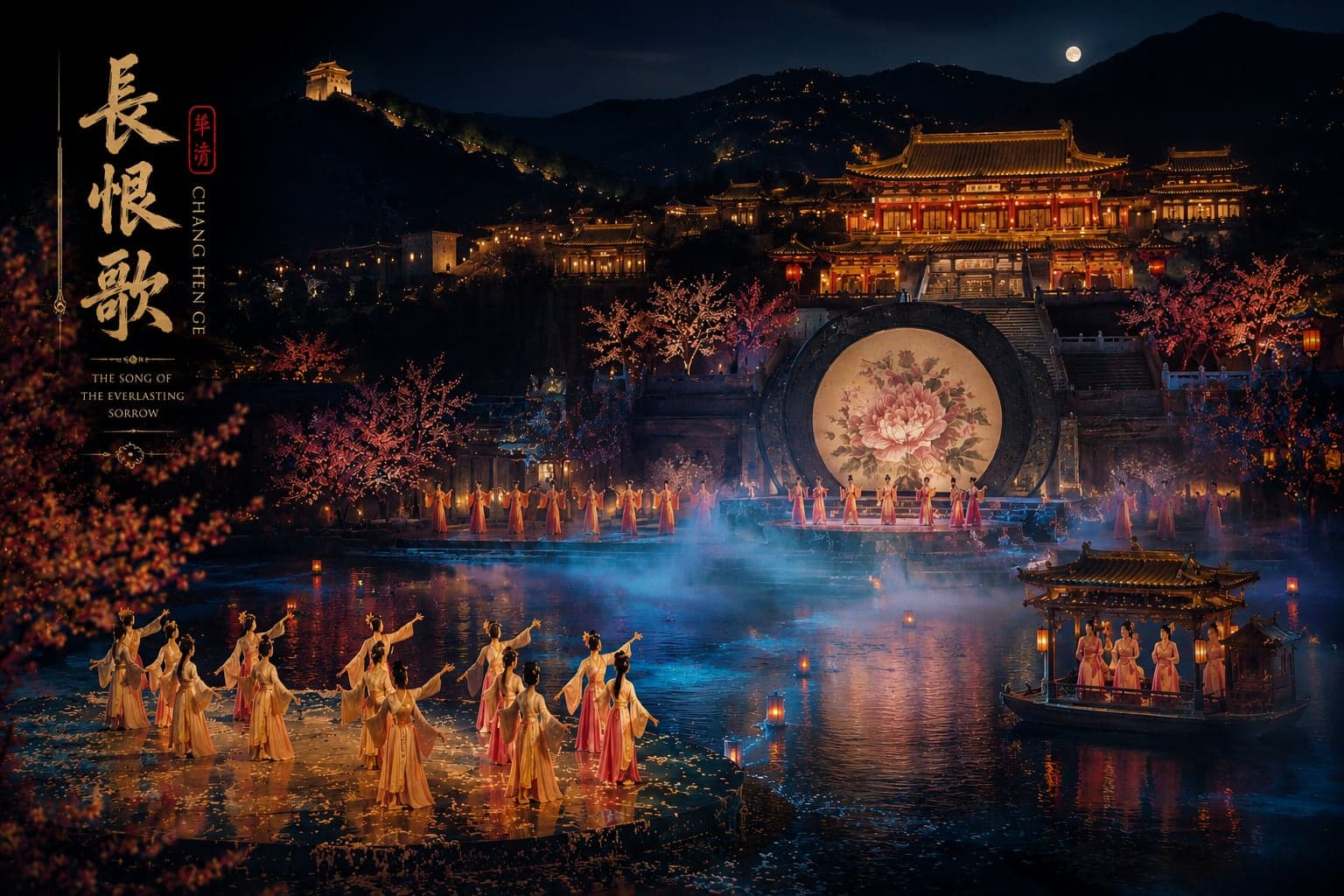 Chang Hen Ge at Huaqing, a solo dancer on the floating stage with Lishan Mountain lit blue behind and laser beams across the night sky