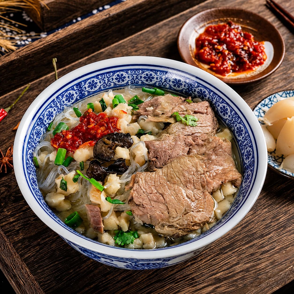 A bowl of Xi'an yangrou paomo in blue-and-white porcelain: lamb broth ladled over hand-torn flatbread cubes and glass noodles, with chilli paste and pickled garlic on the side