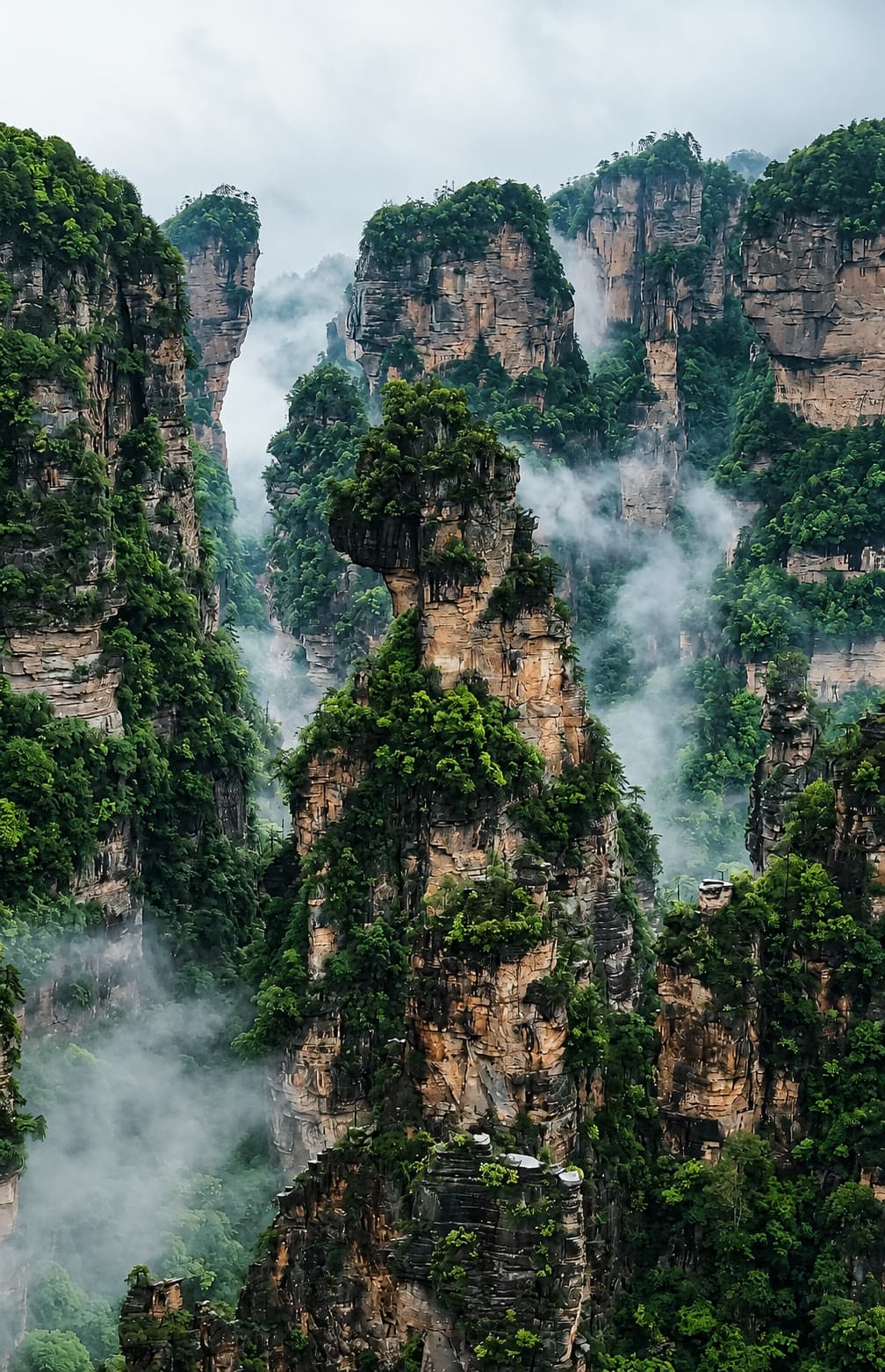 The Tianzi Mountain ridgeline, sandstone peaks rising through cloud across the wider Wulingyuan landscape