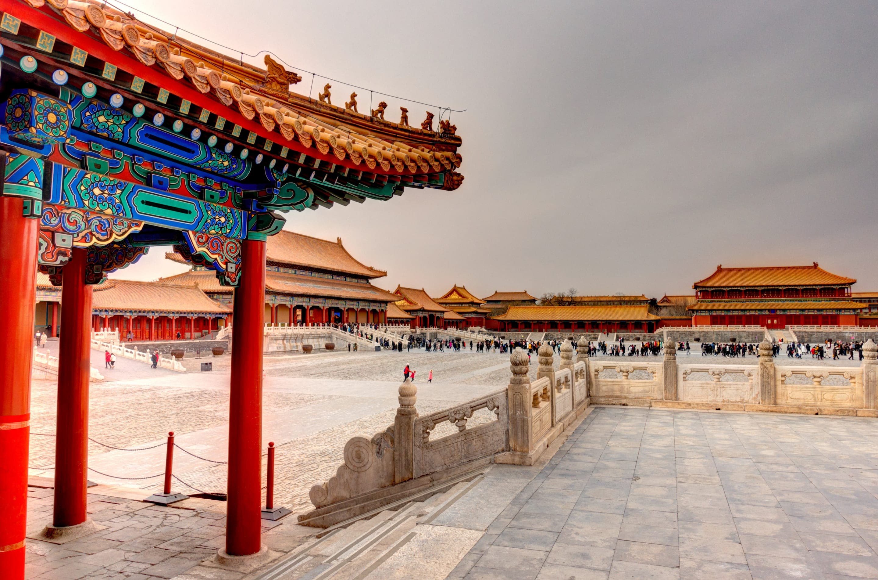 The painted eaves of a hall inside the Forbidden City, Beijing