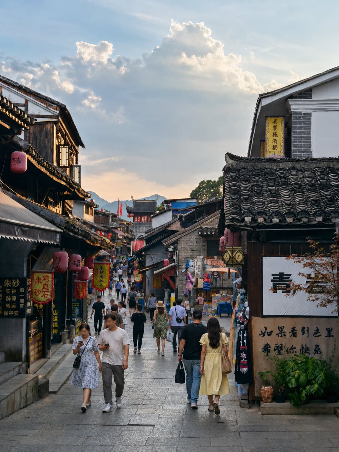 青岩古镇灰石南门与重檐屋顶,远山雾气未散