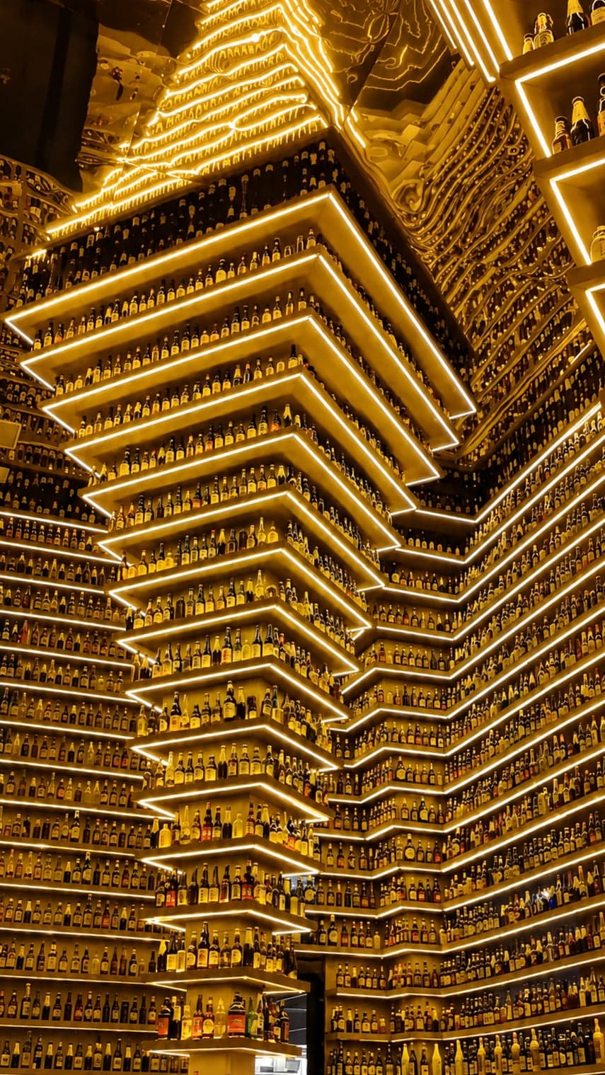 南京建邺吾悦广场内 NIU Beer 世界啤酒博物馆的 270° 啤酒墙,逾 1,400 瓶层层堆向馆心,暖金色光晕从中映出