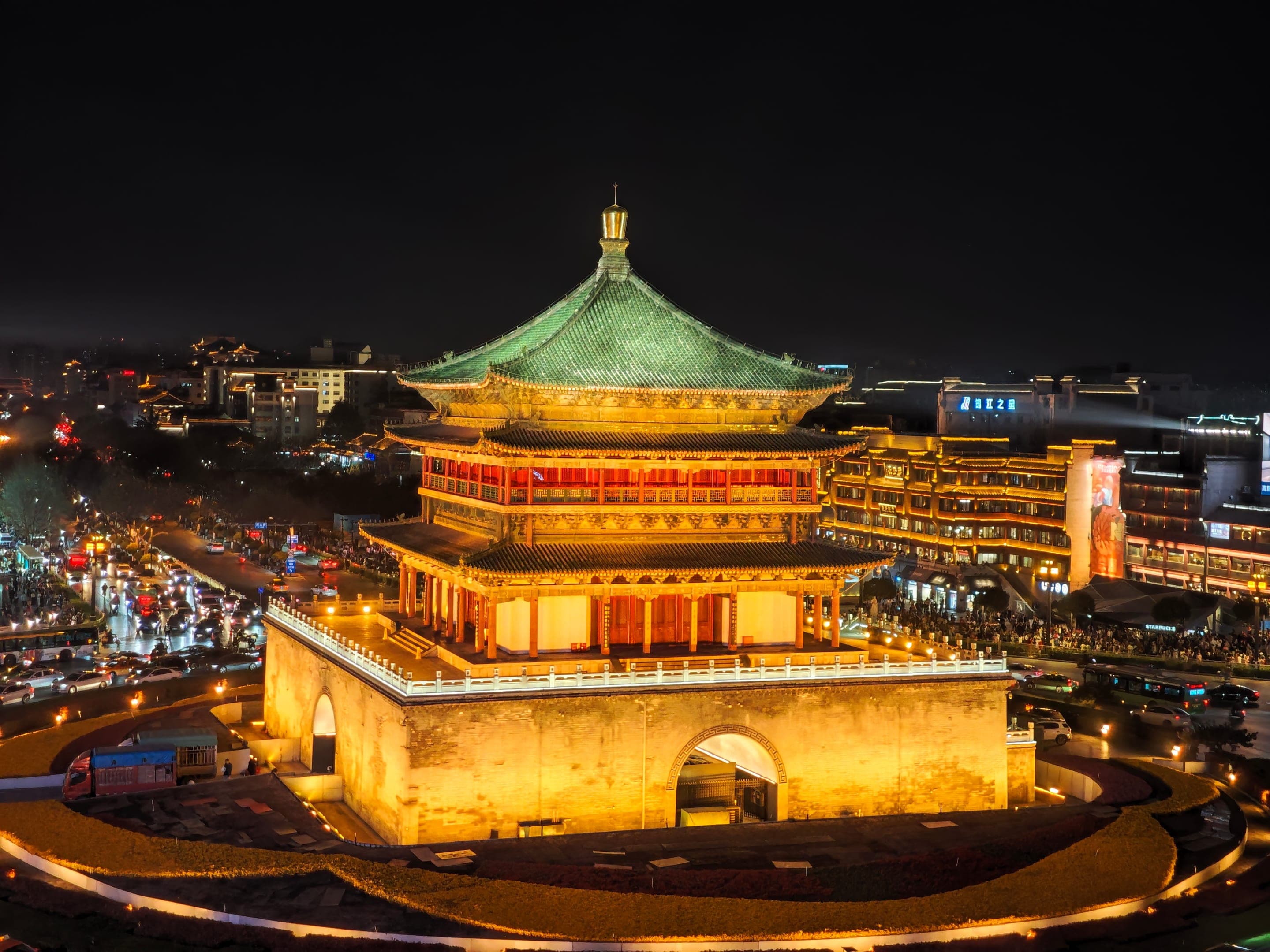 The Bell Tower at the centre of Xi'an's walled old town at night