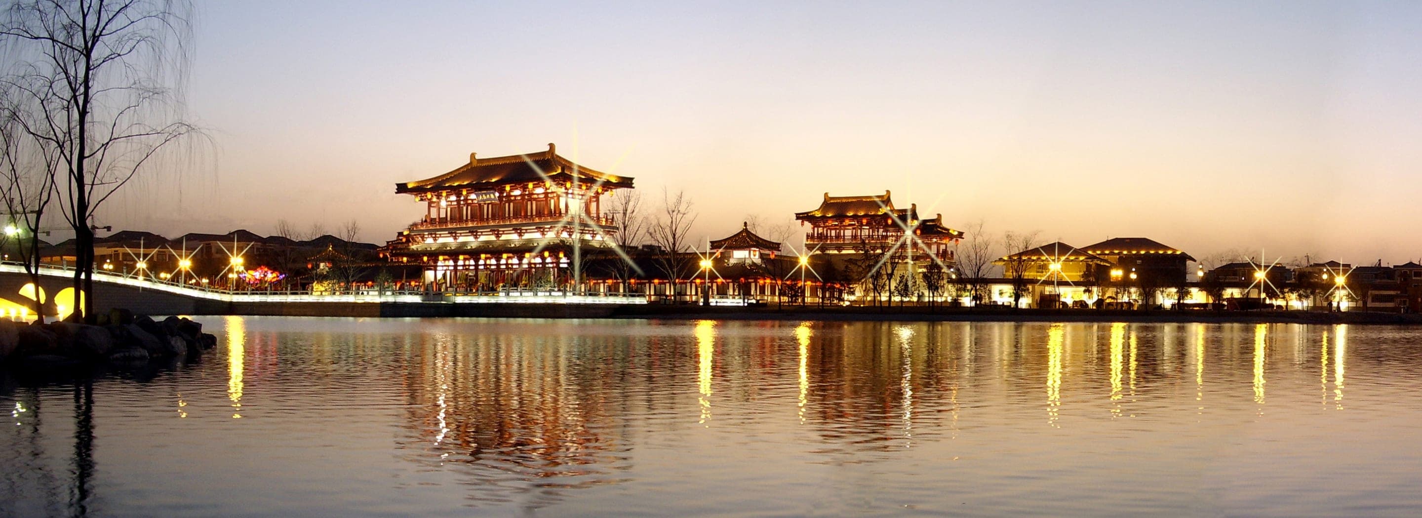 Tang-style pavilions lit at night at Tang Paradise (Datang Furong Yuan), Xi'an