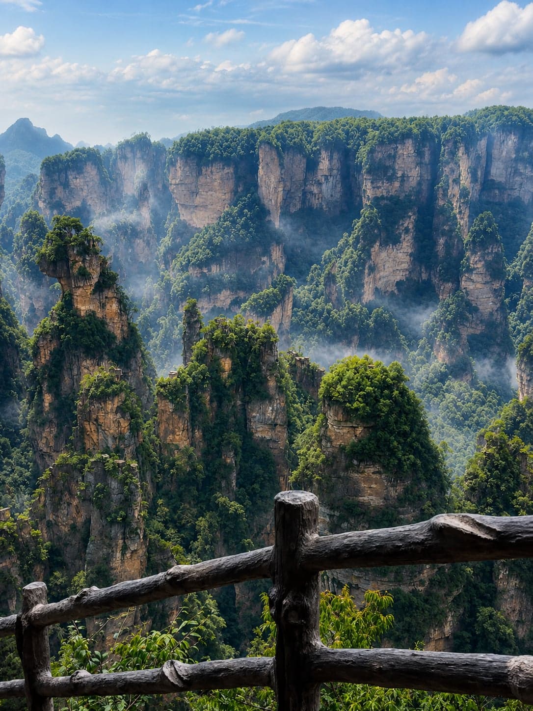 The Yuanjiajie plateau inside Wulingyuan, with the No. 1 Bridge Under Heaven spanning two sandstone pillars at the southern edge of the ridge